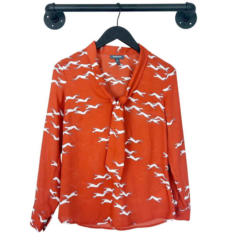 ModCloth Greyhound Print Tie Neck Blouse XS Retro Secretary Coastal Chic Top